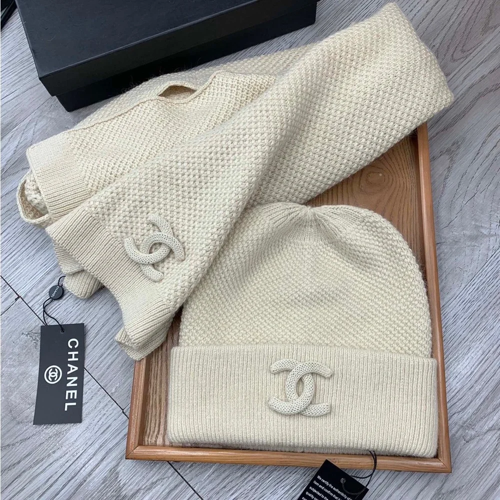 Chanel Cream Knit Beanie & Scarf Set